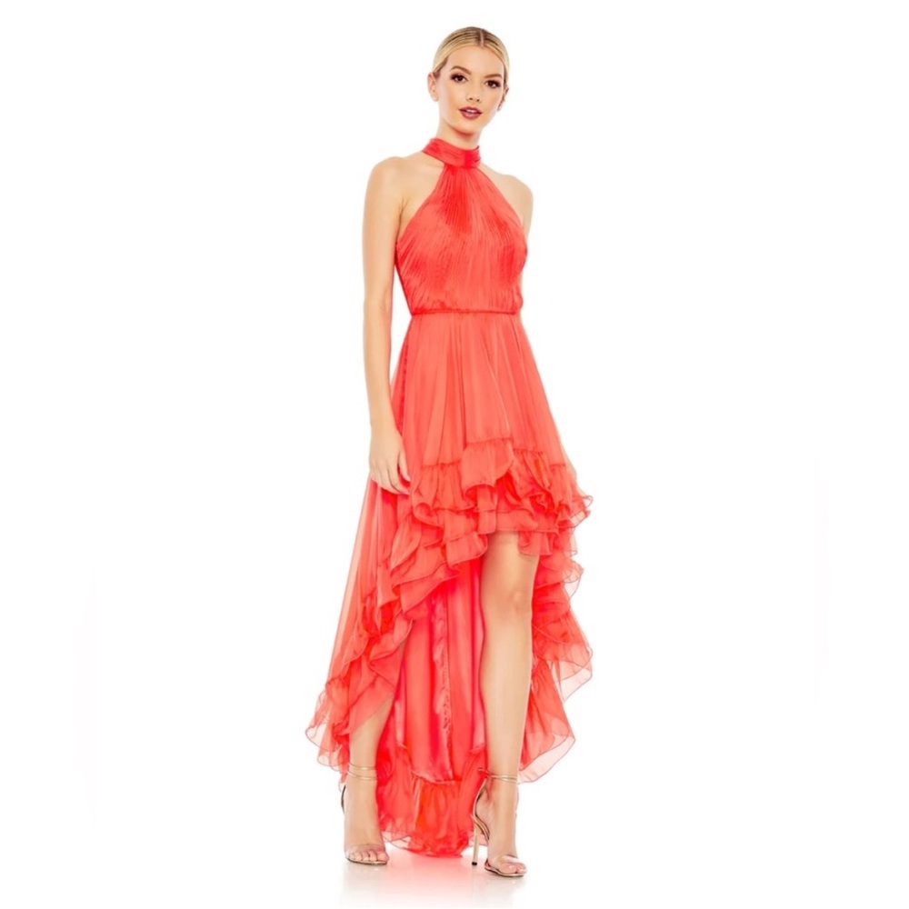 Mac Duggal 55807 Ruffle Tiered High Low Pleated Halter Gown Tangerine Size 6